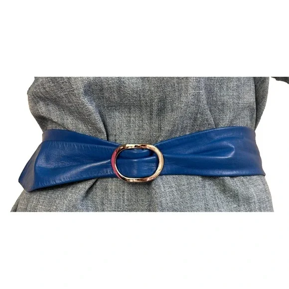 80's Leather Cinch Waist Slide Belt Silver Tone Oval Buckle USA Blue Size Medium - Picture 1 of 8
